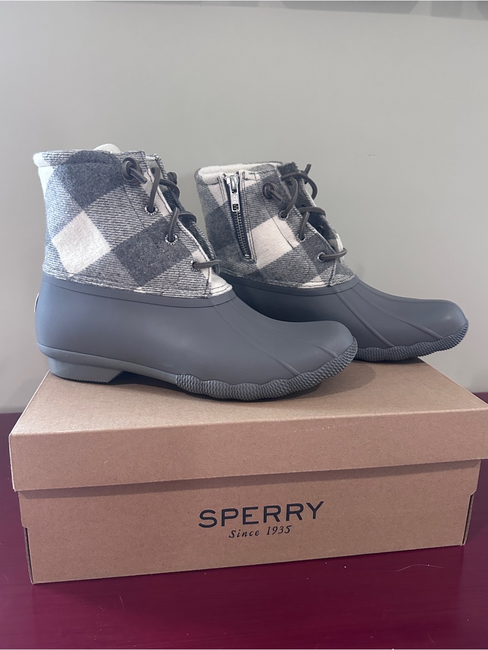 Sperry Gray Plaid Waterproof Ankle Boots